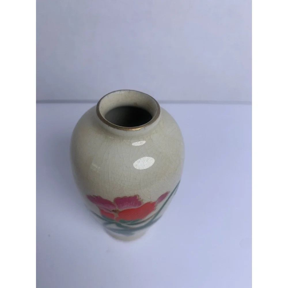 Vintage Homco Miniature Bud Vase Japan Crackle Glaze Floral Pink Orange Poppy 4